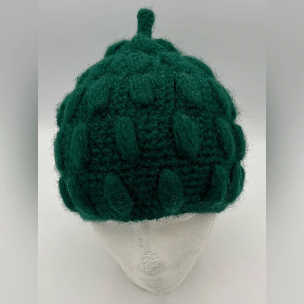 Vintage Italian Wool Green Chunky Knit Winter Fall Beanie Hat Cottagecore Knobby - Picture 12 of 15